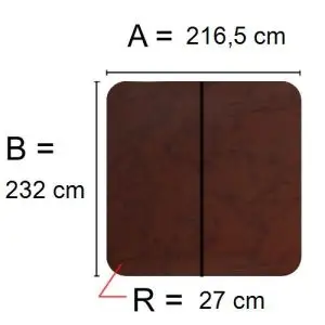 Brun Spalock 216,5 cm x 232 cm med en hjørneradius på 27 cm.