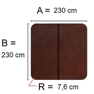 Brun Spalock 230 cm x 230 cm med en hjørneradius på 7,6 cm.