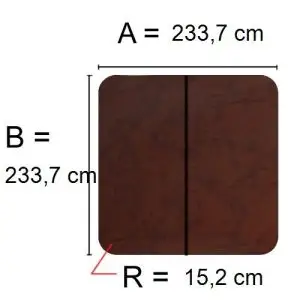 Brun Spalock 233,7 cm x 233,7 cm med en hjørneradius på 15,2 cm.