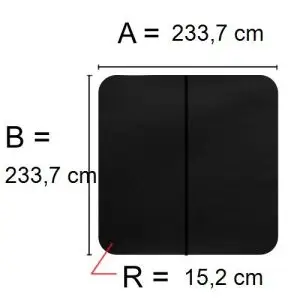 Svart Spalock 233,7 cm x 233,7 cm med en hjørneradius på 15,2 cm.