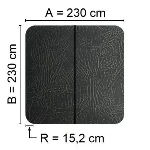 Grått Spalock 230 cm x 230 cm med en hörnradie på 15,2 cm